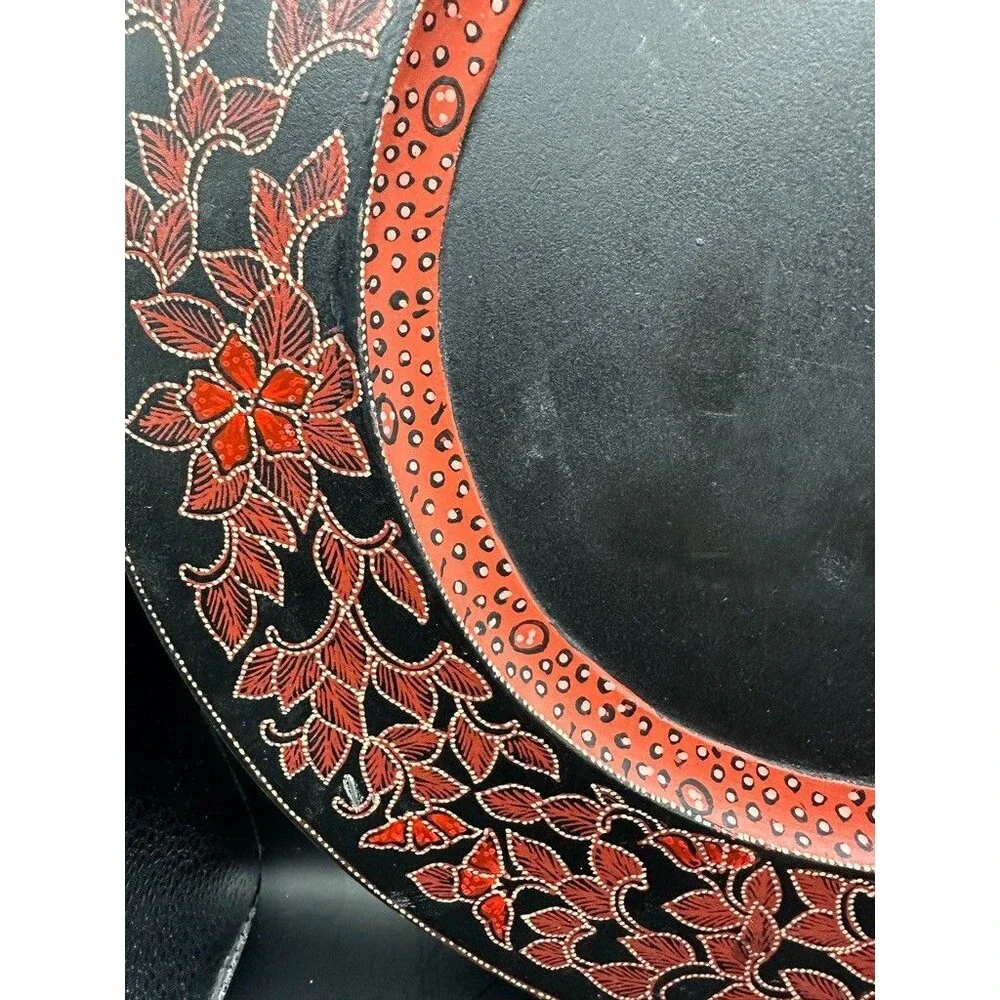 Pier 1 Large Round 13 inch 3 Decorative Wooden Charger Plates Red Black Floral